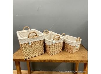 Thee Cotton-lined Nesting Wicker Baskets With Handles  (LOCAL PICKUP OR UPS STORE SHIP ONLY)