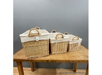Three Nesting Cotton-lined Wicker Baskets 20' X 14' X 13' (LOCAL PICKUP OR UPS STORE SHIP ONLY)