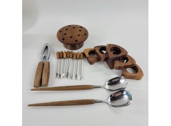 Assorted Mid Century Tableware Candleholder Serving Utensils Napkin Rings Pick & Nut Cracker