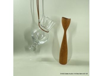 Danish Wood Candlestick And Holmegaard 1970 Neck Glass