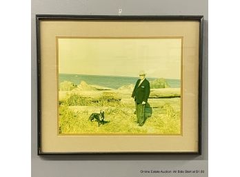 Vintage Framed Photograph Of A Suited Man And His Boston Terrier At The Coast