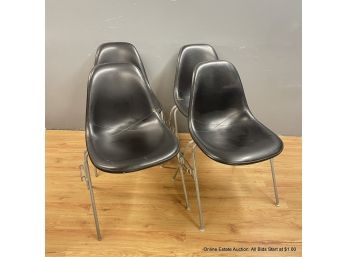 Set Of 4 Herman Miller Stacking Fiberglass Chairs With Padded Vinyl Seats
