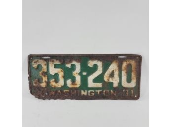 Vintage 1931 Washington State Single License Plate
