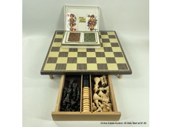 Chess/Checkerboard With Pieces And Vintage Bridge Cards