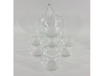 Vintage Glass Fishbowl Pitcher 6 Cups & Stir Stick