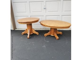 Pair Of Oak Side Table With Oval Tops And Pedestal Base