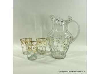 Hand Painted Clear Glass Pitcher And Three Juice Glasses
