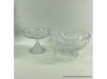 Cut Glass Footed Bowl And Pedestal Shallow Bowl, Unsigned