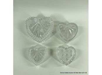 Four Cut Glass Heart Shaped Lidded Dishes In Assorted Sizes