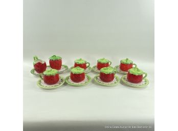 Cute Strawberry Tea Set With Cup And Saucers, Creamer And Sugar