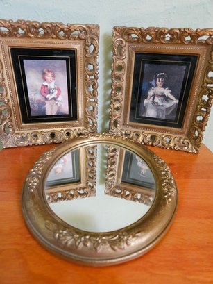 Vintage Gold Framed Pictures And Oval Mirror