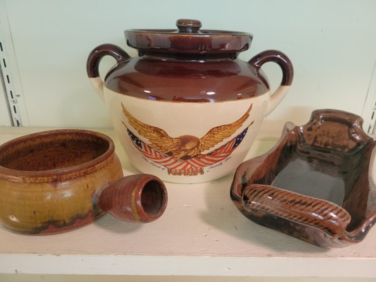 Vintage Eagle Bean Pot And Stoneware Pottery