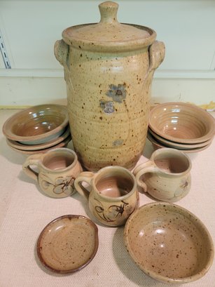 Speckled Stoneware Cannister With Lid With Stoneware Bowls And Cups