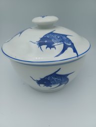 Oriental White And Blue Porcelain Decorative Bowl W Lid