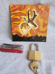 Hand Painted Deer Picture, Master Lock, Swiss Army Knife