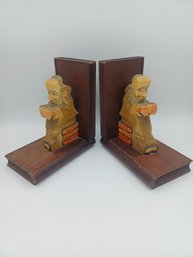 Vintage Pair Folk Art Carved Wooden Book Ends