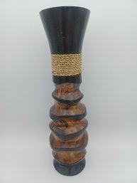 Wooden Concave Decorative Vase W Twine Accent