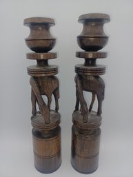 Vintage African Carved Wood Giraffe Candlestick Holders