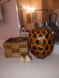 Wicker Basket, Candle Holder Lantern And Ceramic Birds X2