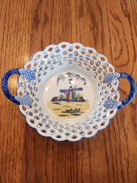 Delft Blue Hand Painted Designed By OTS Holland Windmill Basket Dish