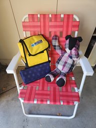 Pink / Folding Lawn Chair (excellent Condition), Lunch Box, Coupon Envelope, And Bear