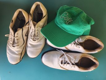 Golf Shoes, Size 7.5 And 8 And A Golf Hat