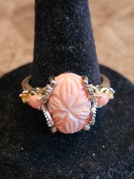 Pink Sterling Coral Ring With Gold Tone Accents