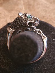 Black Spinel Rhodium Over Sterling Panther Ring W Chainlink