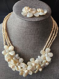Freshwater Pearl Beaded, Floral Necklace And Earrings.
