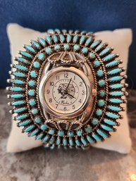 N & R Nez Turquoise Squash Blossom Sterling Cuff Wrist Watch