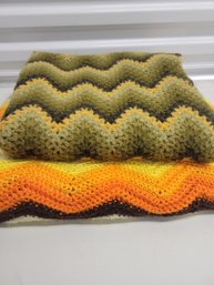 2 Vintage Zig-Zag Crochet Throw Blankets