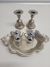 Silver Plate Bell Candle Holders Tray Salt Pepper Shakers