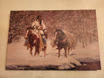 Winter Scene Native Man & Horses On Canvas Board 24'x16'