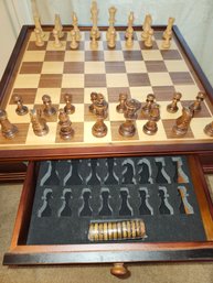 Tabletop Wooden Chess Board With Chess Pieces & Storage