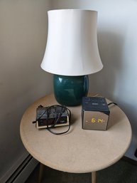 Side Table Lamp And Two Alarm Clocks