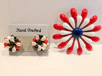 Vintage Red White And Blue Earrings And Large Brooch