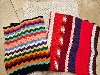 3 Vintage Crochet Blankets And Shawl