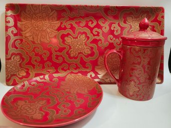 Pottery Barn Pottery Barn Red Gold Chinoise Mug Coffee Tea Cup W/ Lid & Tea Infuser