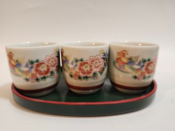 X3 Sake Cups & Small Tray With Bird