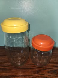 Vintage Carlton Glass Jars 1 Orange Lid 3/4L & 1 Yellow Lid 1.5L Made In USA