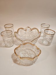 Gold Rimmed Clear Cut Glass Candy Dishes & Cups Set X 6pcs