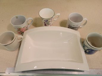 White Ceramic Dish And 5 Assorted Mugs