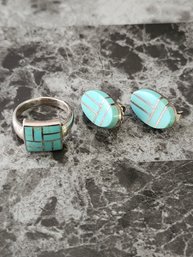 Sterling 950 Turquoise Ring And Earring Set