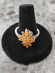 Sterling Silver Orange Gemstone Ring Size 9.5