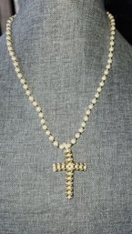 Faux Pearl Cross Necklace With Gold Tone Accents