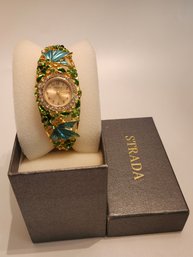 Strada Blue & Goldtone Butterfly Watch Bracelet