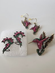 OPCKR Signed Rhinestone Hummingbird Brooch,Lobe & Earrings Set