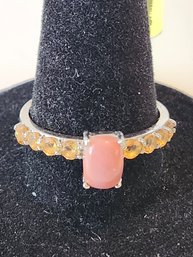 925 Sterling Citrine And Pink Coral Ring