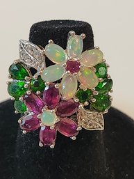 Opal, Magenta Rhodolite,Chrome Diopside, White Topaz Rhodium Over Silver Flower Ring 4.51ctw