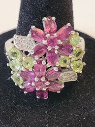 Garnet Peridot Tourmaline Floral Ring